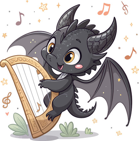 A cute, black baby dragon with large eyes and wings plays a golden harp. Musical notes float around the whimsical creature in a soft, natural setting.のイラスト素材
