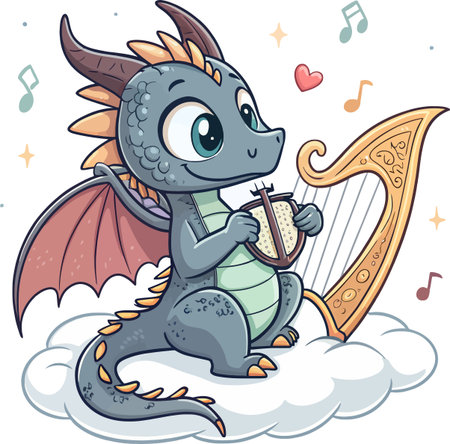 A cute, stylized dragon with wings and horns sits on a cloud, happily playing a harp. Musical notes and hearts float around.のイラスト素材