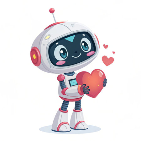 A charming, cartoon-style robot with big eyes and a friendly smile holds a red heart, surrounded by small pink hearts.の素材