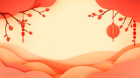 Soft cinematic haze warm reds oranges yellows kawaii paper-cut animation style minimalist designの素材