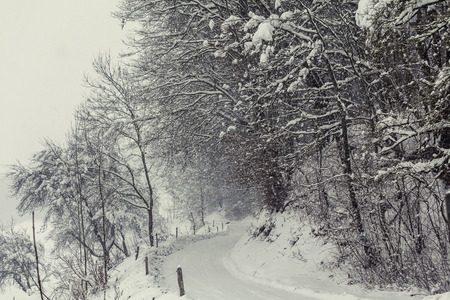 Winter road in snowfall