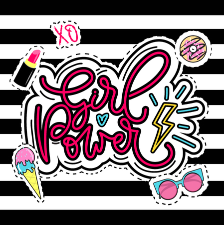 Girl power vector illustration. Modern feminism quote with calligraphy. Inspirational phrase with ice-cream, lipstick, donut, sunglasses elements.のイラスト素材