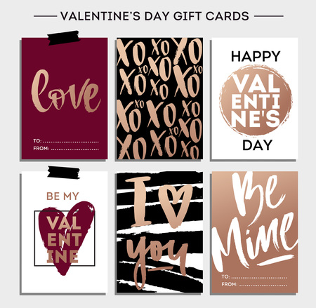 Valentine's day card set with modern calligraphy. Gift tags with gold, black, pink, white colors. Brush Design print for valentine and wedding. Love. Be mine. White and pinkのイラスト素材