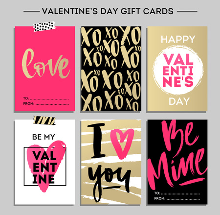 Valentine's day card set with modern calligraphy. Gift tags with gold, black, pink, white colors. Brush Design print for valentine and wedding. Love. Be mine. White and pinkのイラスト素材