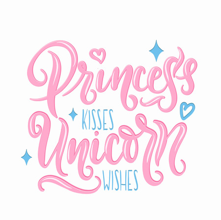 Princess kisses, Unicorn wishes quotation elements and lettering. Inspirational quote with stars and hearts. Summer t-shirts print, invitation, poster.のイラスト素材