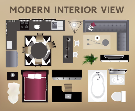 Interior top view. Set of isolated realistic interior icon. Vector illustration