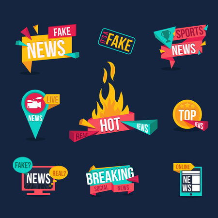 Set of news banners. Fake news, sports news, live news, hot news, top news, breaking news, real or fake news, online news, it's a fake news stamp. News digital web ad in flat design.のイラスト素材