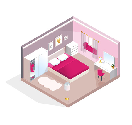 Interior isometric view for Young Women or teen girl. Modern realistic pink bedroom design. Vector illustrationのイラスト素材