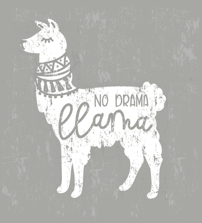 No drama llama vector quote with doodles. Llama motivational and inspirational quote. Simple cute white llama drawing with lettering, hand drawn vector illustration for cards, t-shirts, cases.のイラスト素材