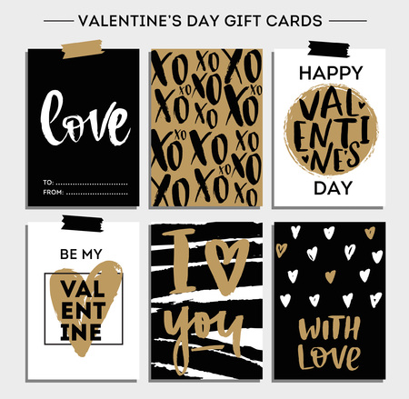 Valentine's day card set with modern calligraphy. Gift tags with gold, black, pink, white colors. Brush Design print for valentine and wedding. Love. Be mine. White and pinkのイラスト素材