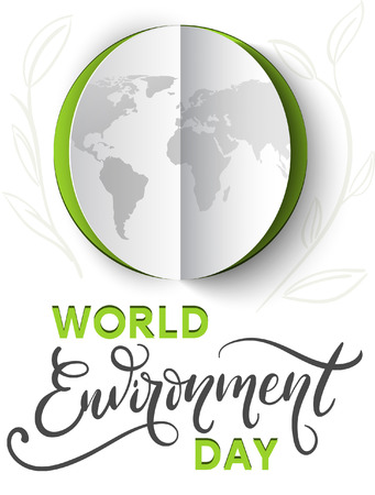 World Environment Day poster with hand drawn calligraphy. Paper cutout eco illustration. Vector illustration with the environment day lettering and planet.のイラスト素材