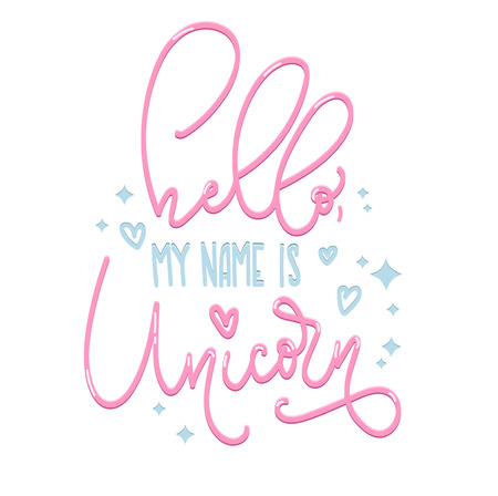 Hello my name is unicorn poster. Hand drawn inspirational quote. Modern lettering illustration.のイラスト素材