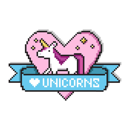 Pixel art heart with unicorn for badges or game design. Pixel unicorn with golden stars, ribbon and text. Love unicorns quote in game style design. Pixel art print for t-shirt, cards, posters.のイラスト素材