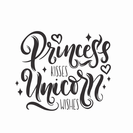 Princess kisses, Unicorn wishes quotation with hand drawn elements and lettering. Inspirational quote with stars and hearts. Summer t-shirts print, invitation, poster.のイラスト素材