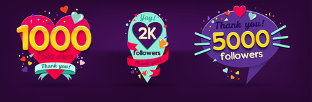 Follow Memphis Colorful Labels set. Memphis card set for social media networks and follower. Thank you followers Banners. 1000 followers. 2K followers. 5000 followers.のイラスト素材