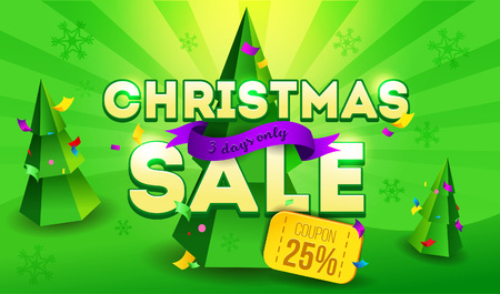 Christmas sale banner. Promotion design template with poly trees, coupon and Christmas Decorations. 3 Day sale. Vector illustrationのイラスト素材
