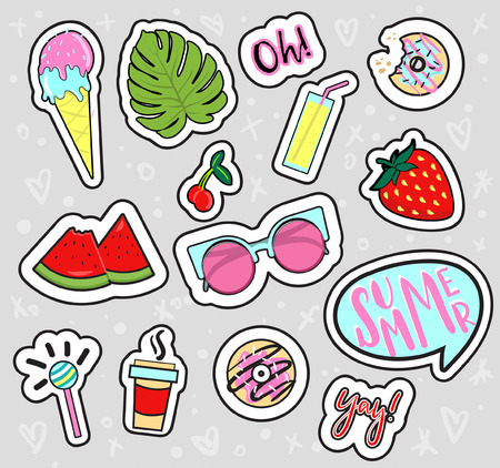 Set of hand-drawn summer patches, stickers, badges, strawberry, palm leaf, juice, cocktail, sunglasses, ice-cream, donuts, coffee, phrases, sweets and watermelon. Vector illustration with hand drawn doodles and modern calligraphy.のイラスト素材