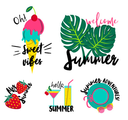 Set of hand-drawn summer patches, stickers, badges, strawberry, palm leaf, juice, cocktail, sunglasses, ice-cream, donuts, coffee, phrases, sweets and watermelon. Vector illustration with hand drawn doodles and modern calligraphy.のイラスト素材