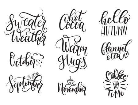Fall calligraphy set. Big set of autumn quotes isolated on white background. Sweater weather, hot cocoa, warm hugs, flannel and tea, coffee time, hello autumn, october. Vector illustrationのイラスト素材
