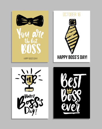 Boss's day card set with modern calligraphy.Gift tags with gold, black, white colors. Lettering deign for greeting cards or party invitations. Best boss ever. You are the best boss. Happy Boss's Day.のイラスト素材