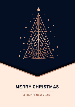 Merry Christmas and Happy New Year rose gold greeting card. Minimalistic christmas card on a navy blue background. Linear Christmas tree with stars and snowflakes. Vector illustrationのイラスト素材