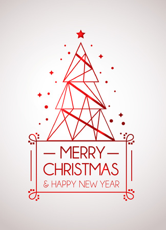 Merry Christmas and Happy New Year rose gold greeting card. Minimalistic christmas card. Linear Christmas tree with stars and snowflakes. Vector illustrationのイラスト素材