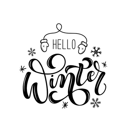 Hello winter lettering card. Hand drawn inspirational winter quote with doodles. Winter greeting card. Motivational print for invitation cards, brochures, poster, t-shirts, mugsのイラスト素材