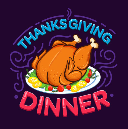 Thanksgiving dinner card design. Thanksgiving Day card with turkey illustration and flourish elements. Vector illustrationのイラスト素材