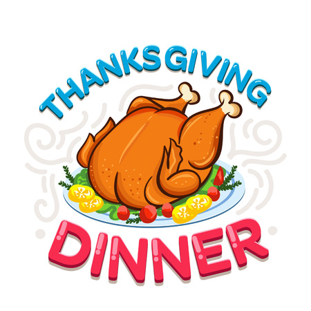 Thanksgiving dinner card design. Thanksgiving Day card with turkey illustration and flourish elements. Vector illustrationのイラスト素材