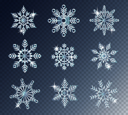 Set of snowflakes on transparent background realistic vector illustrationのイラスト素材