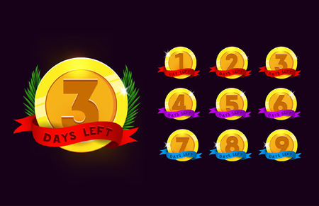 Days left to go medals set. Colorful labels set with ribbon and leaves for ui, games, sites, banners etc. Golden medals isolated on dark background.のイラスト素材