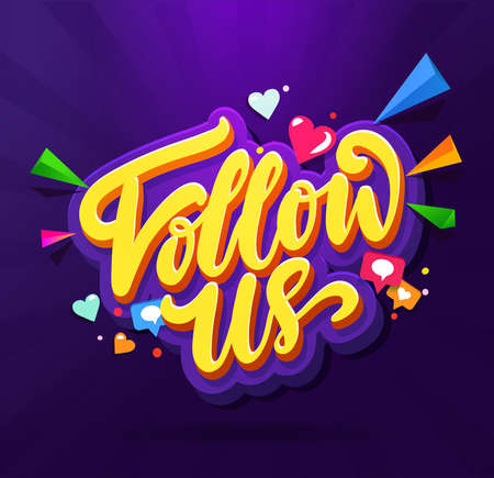 Follow Us Memphis Colorful card. Memphis card set for social media networks and follower. Hand lettering with doodles of hearts, comments and new followers. Vector illustrationのイラスト素材