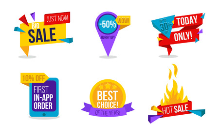 Sale labels set. Colorful collection of vector tags for promo or advertising. Discount card set.のイラスト素材