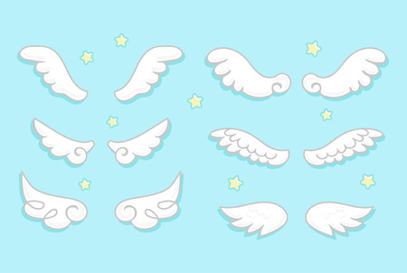 Cartoon angel wings set with stars. Cute hand drawn collection of wings isolated on white background. Cartoon wings icons. Vector illustration.のイラスト素材
