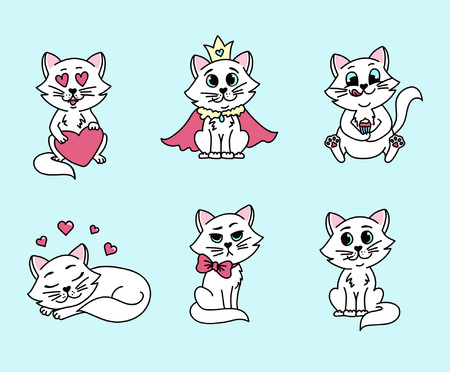 Set of cute hand drawn cats isolated on  mint green background. White cat stickers or badges for prints, poster, textile etc.のイラスト素材