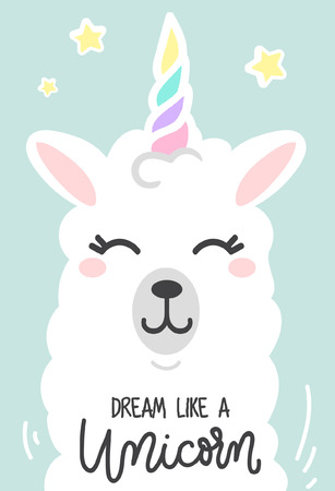 Dream like a unicorn inspirational poster with llama and stars. Hand drawn cute poster with lettering. vector illustration.のイラスト素材