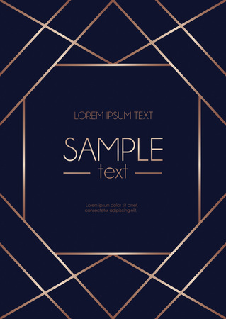 Geometric rose gold design template with abstract lines on navy blue background. Modern design template for wedding invitation, greeting card, anniversary.  Vector illustration.のイラスト素材