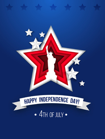 4th of july greeting card with paper cut effects. Paper cut  Independence day poster with red stars, ribbon and Liberty statue on blue background. Vector illustrationのイラスト素材