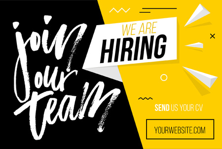 Hiring recruitment design poster. We are hiring brush lettering with geometric shapes. Vector illustration. Open vacancy design template.のイラスト素材
