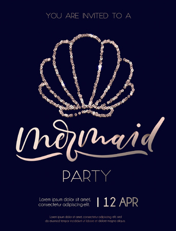 Mermaid Party invitation card with rose gols seashell and lettering. Elegance design template for birthday, anniversary, summer party etc. Sparkling vector sea elements on navy blue background.のイラスト素材