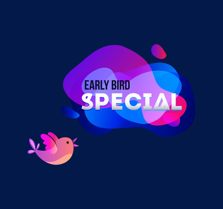 Early bird special banner with bird and geometric shapes. Promotional futuristic design template on blue background with doodles.のイラスト素材