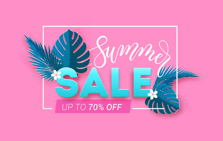 Summer sale banner with paper cut tropical leaves and pink background. Trendy summer promotion template with lettering.のイラスト素材