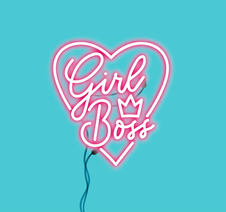 Girl boss pink neon sign isolated on blue background. Realistic neon lettering sign for female boss. Vector illustration.のイラスト素材