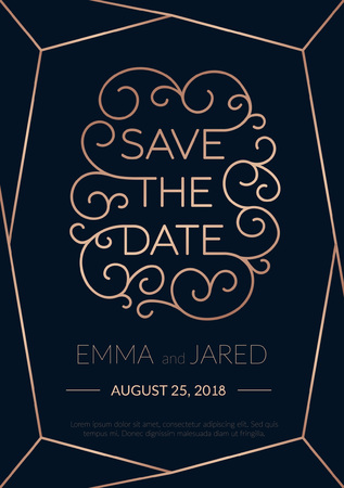 Save the date wedding invitation with lettering and abstract elements. Rose gold typography with flourishes.on navy blue background for engagement, wedding. Vector illustrationのイラスト素材