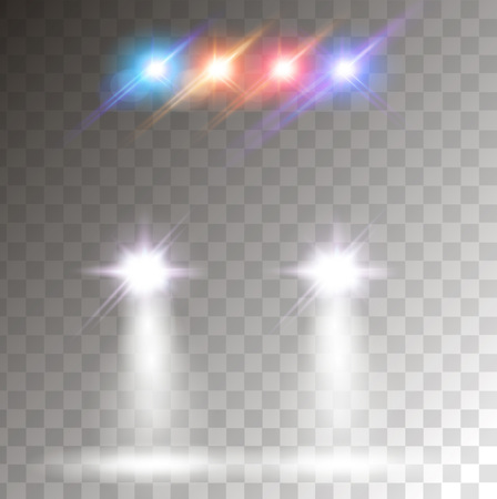 Car flares with colorful siren effect. Realistic car headlights front view isolated on transparent background. Police car lights effect.のイラスト素材