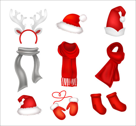 Set of realistic Christmas decorations. Santa's hat, gloves, scarfes and socks. Vector illustrationのイラスト素材