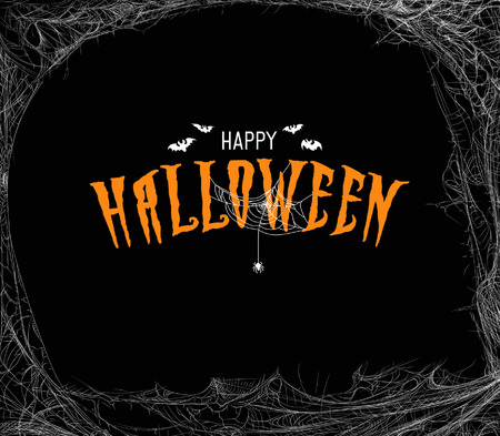 Halloween design template with cobweb and incription "Happy Halloween". Halloween greeting card design.のイラスト素材
