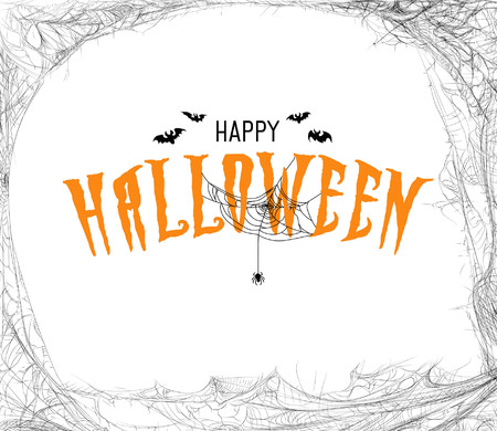 Halloween design template with cobweb and incription "Happy Halloween" on white background. Halloween greeting card design.のイラスト素材