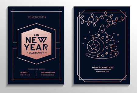 New Year party invitation cards set with rose gold geometric design and navy blue background.のイラスト素材