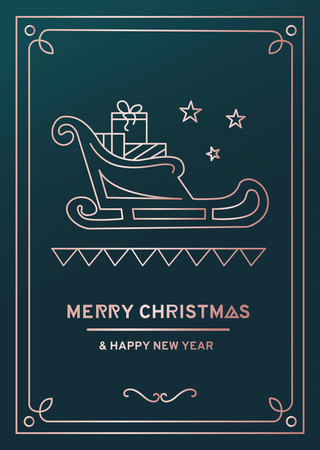 Luxury Christmas greeting card with rose gold lines, beautiful green background and doodles. Vector illustrationのイラスト素材